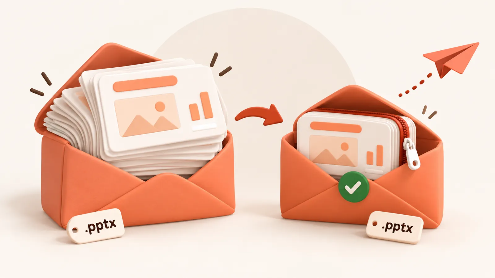 An overstuffed slide deck bursting an envelope beside a zipped deck that fits