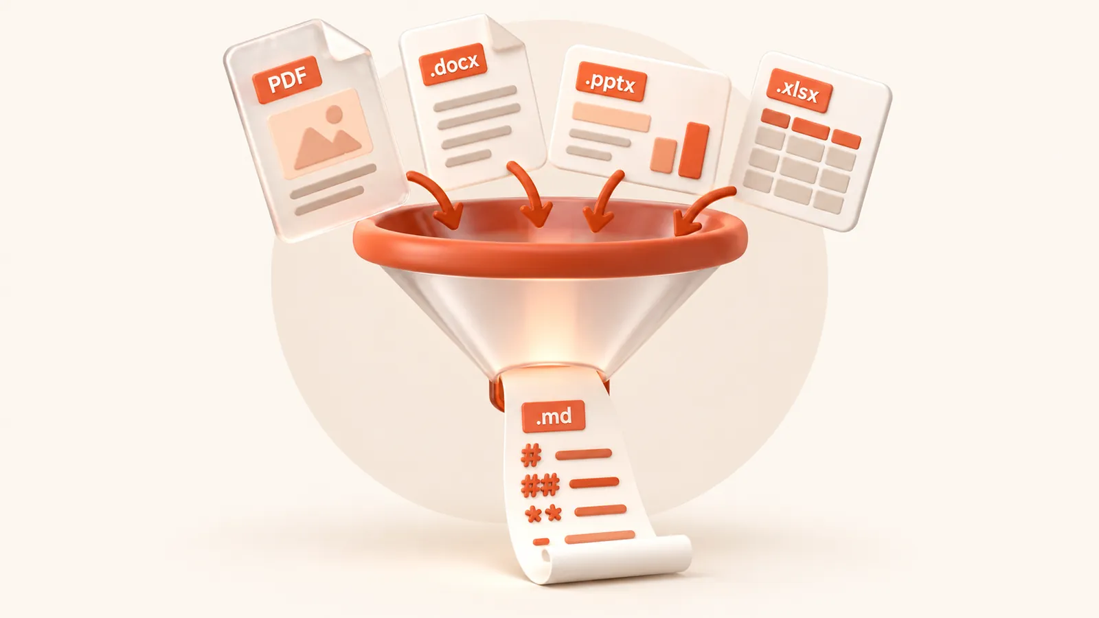 PDF, Word, PowerPoint and Excel files pouring through a funnel into a clean .md page