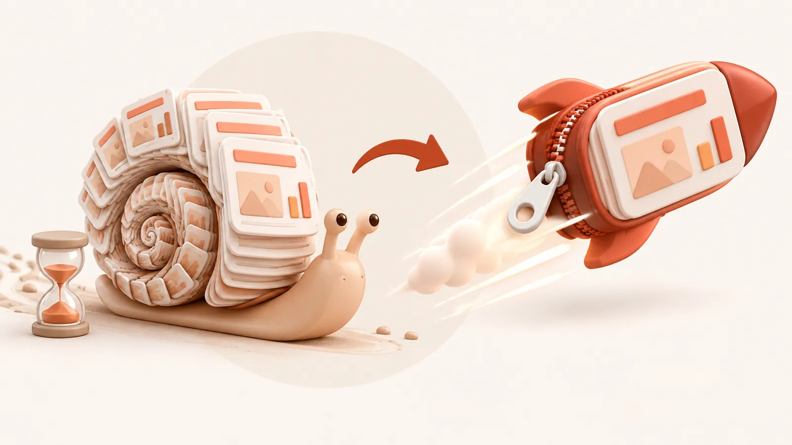 A slow snail carrying a heavy slide deck beside a slim zipped slide rocket