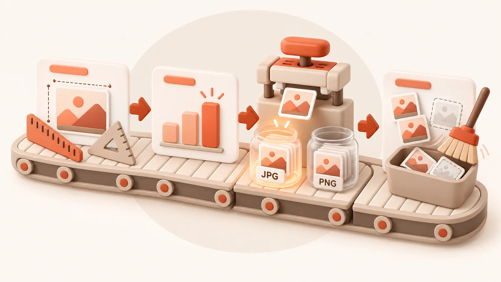 A four-station conveyor: measure each image, size it, re-encode it as JPEG or PNG, clean up