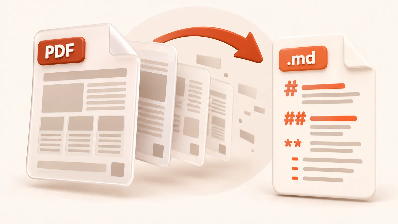 A PDF page shedding its layout layers to leave a clean .md sheet of headings and lists