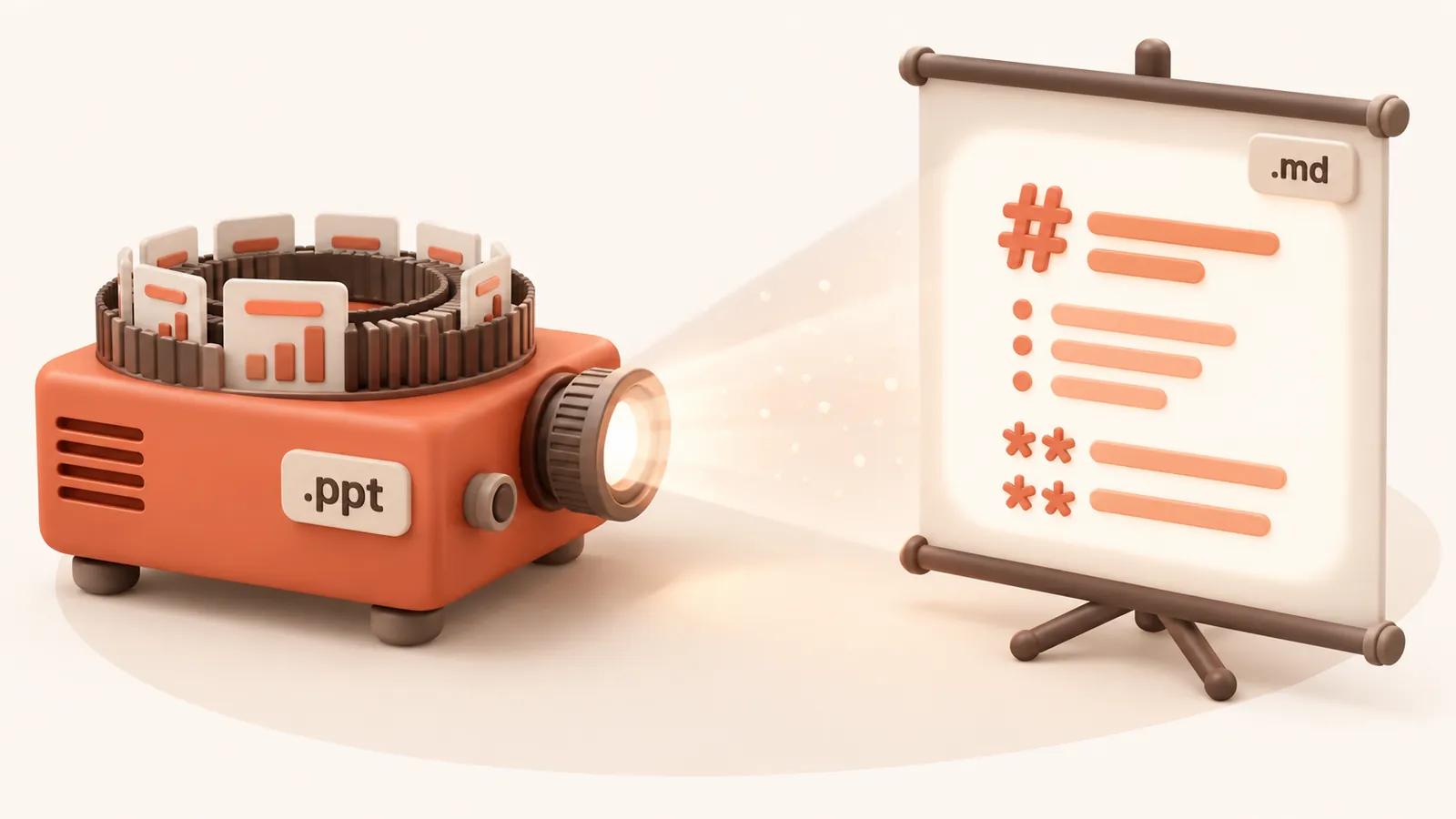 A retro slide projector beaming an old .ppt deck onto a screen as Markdown headings