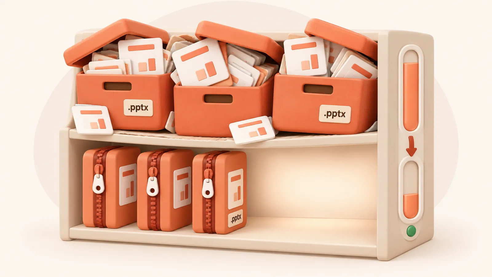 Overflowing slide archive boxes zipped slim on a shelf, freeing up space