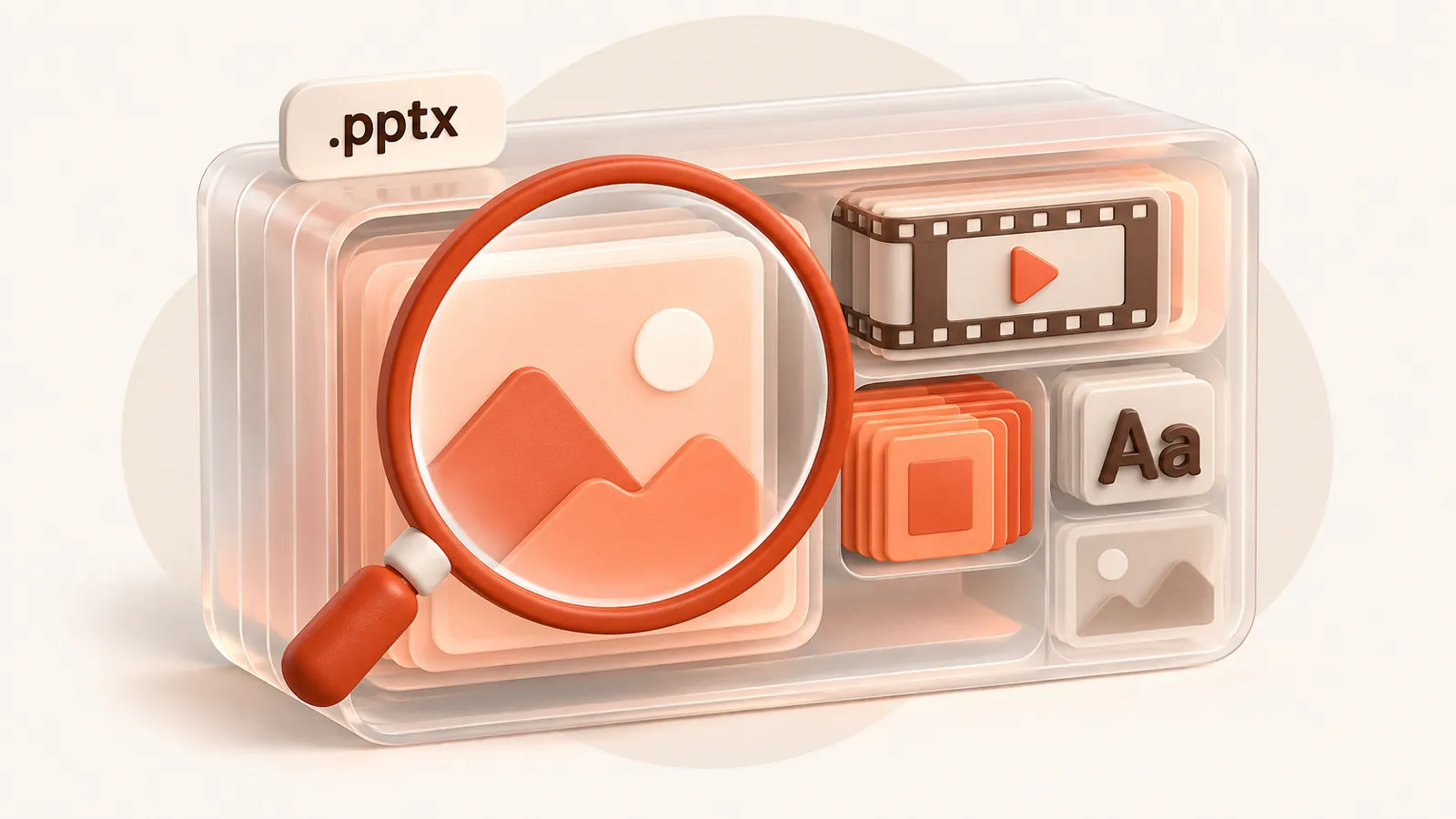 An X-ray cutaway of a slide deck revealing a giant photo, a video and duplicate images